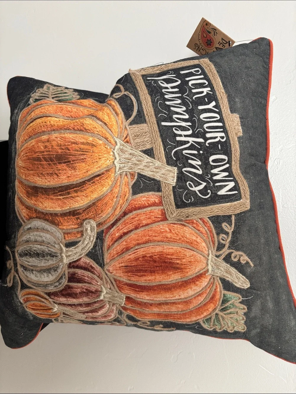 Harvest Pumpkin Decorative Throw Pillow - Orange on Black patched & embroidered